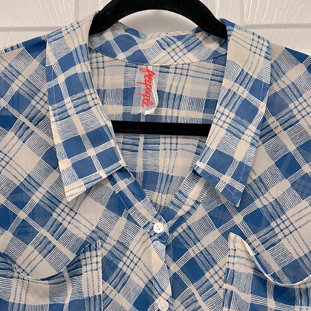 Free People Womens Top Sz XS/TP Easy Rider Sheer Blue Cream Checked Button Down - Picture 2 of 9